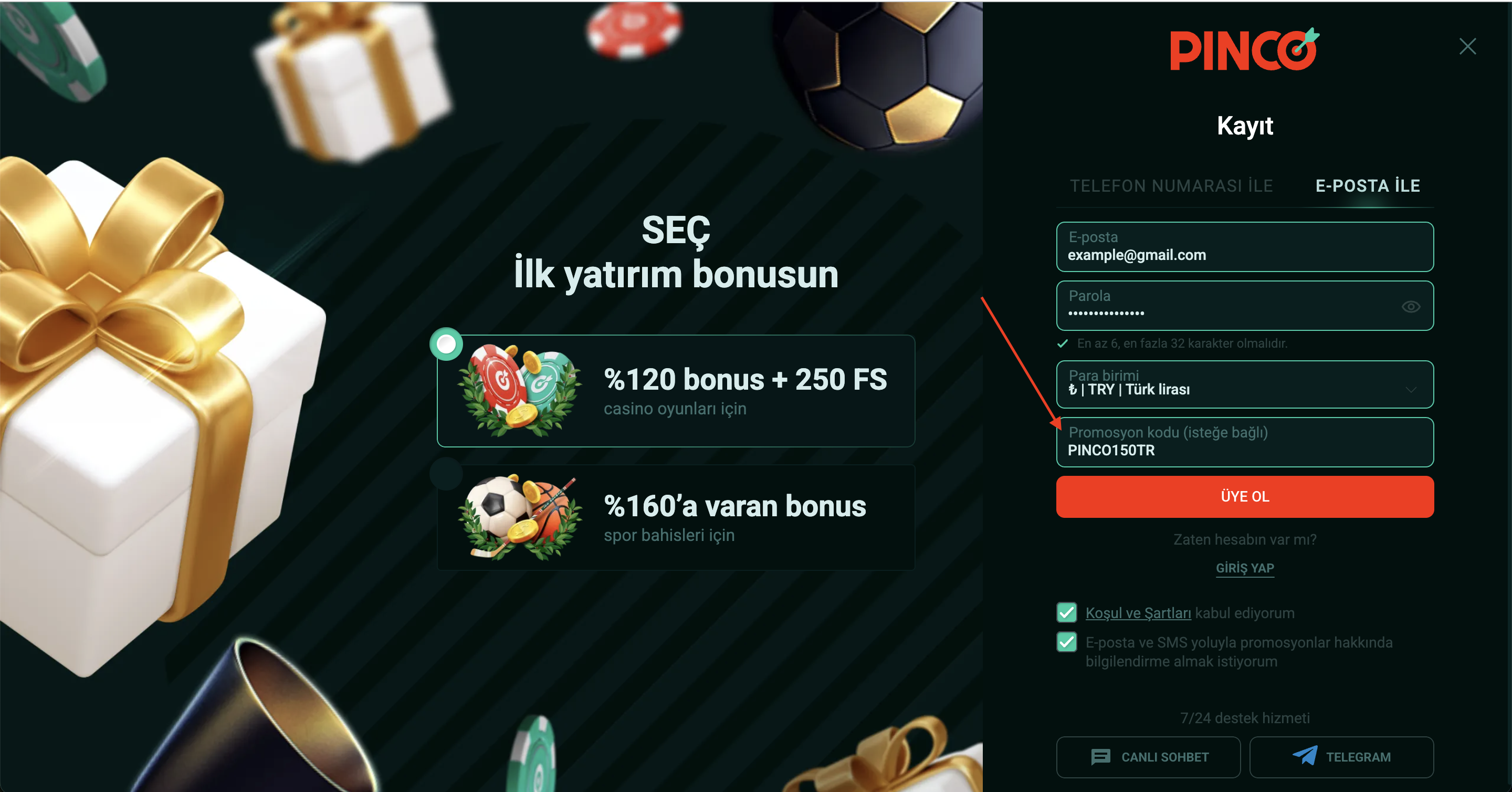 Adım 1 — Kayıt formu ve promosyon kodu alanı