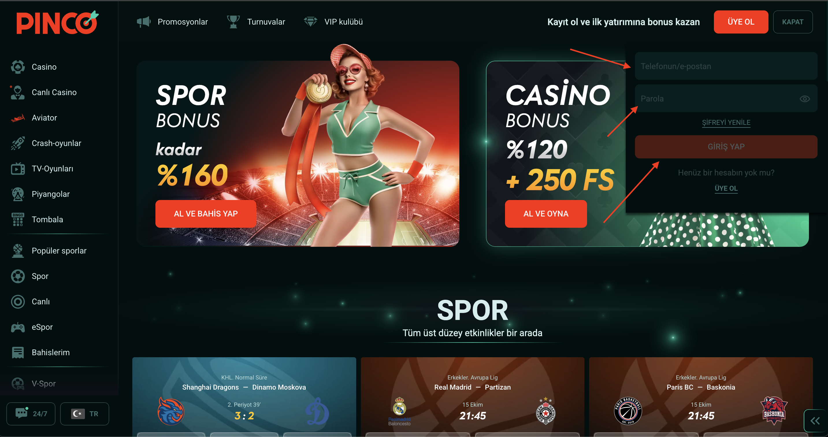 Pinco giriş ekranı örnek görüntü